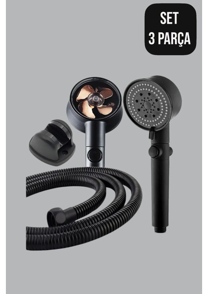 Turbo Duş Seti | 5 Fonksiyonlu Pervaneli Duş Başlığı + Mafsal + Hortum Set ( Set 3 Parça )