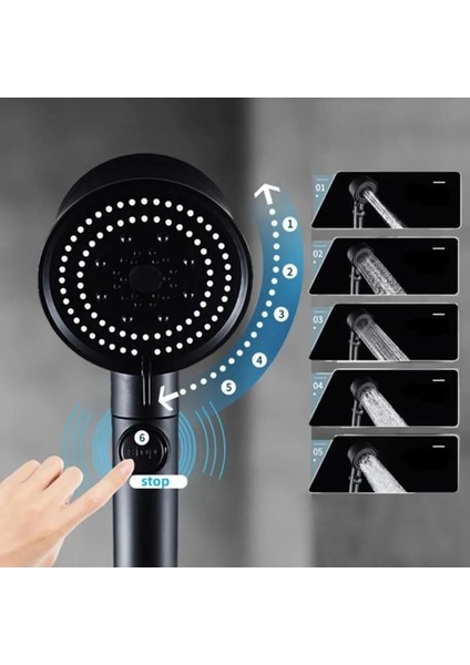 Turbo Duş Seti | 5 Fonksiyonlu Pervaneli Duş Başlığı + Mafsal + Hortum Set ( Set 3 Parça )