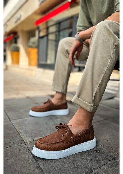 SHO419 Bağcıklı Yüksek Taban Cbt Torrini Erkek Loafer Ayakkabı Taba