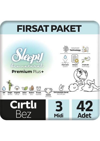 Bio Natural Premium Plus Fırsat Paketi Bebek Bezi 3 Numara Midi 42 Adet