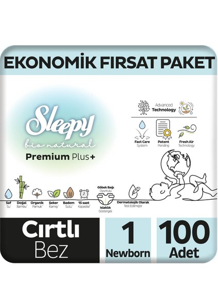 Bio Natural Premium Plus Ekonomik Fırsat Paketi Bebek Bezi 1 Numara Newborn 100 Adet