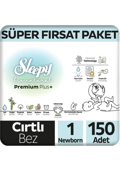 Bio Natural Premium Plus Süper Fırsat Paketi Bebek Bezi 1 Numara Newborn 150 Adet