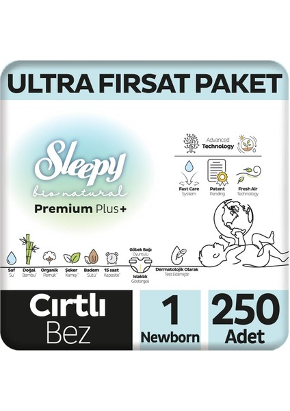 Bio Natural Premium Plus Ultra Fırsat Paketi Bebek Bezi 1 Numara Newborn 250 Adet