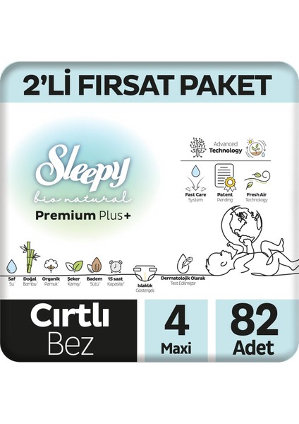 Bio Natural Premium Plus 2'li Fırsat Paketi Bebek Bezi 4 Numara Maxi 82 Adet