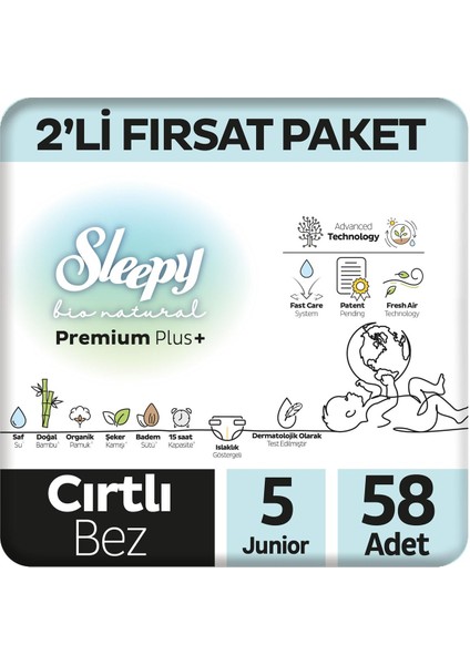 Bio Natural Premium Plus 2'li Fırsat Paketi Bebek Bezi 5 Numara Junior 58 Adet