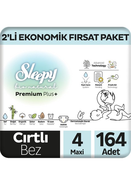 Bio Natural Premium Plus 2'li Ekonomik Fırsat Paketi Bebek Bezi 4 Numara Maxi 164 Adet