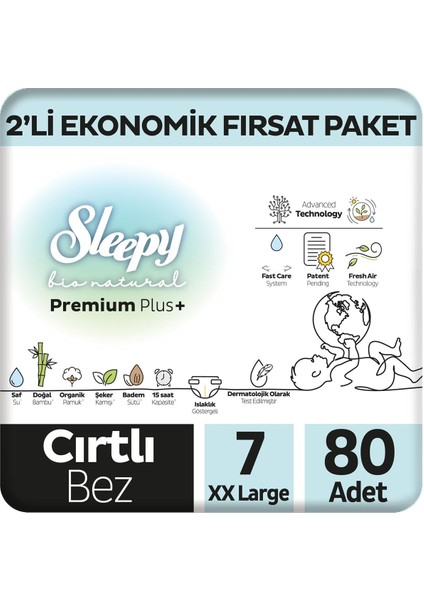 Bio Natural Premium Plus 2'li Ekonomik Fırsat Paketi Bebek Bezi 7 Numara Xxlarge 80 Adet