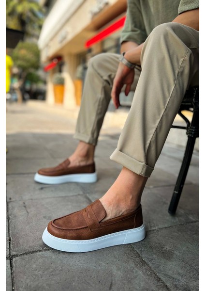 SHO421 Bağcıksız Yüksek Taban Bandera Erkek Loafer Ayakkabı Taba