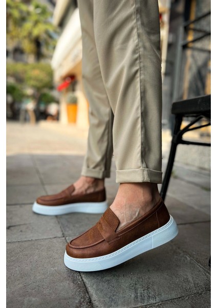 SHO421 Bağcıksız Yüksek Taban Bandera Erkek Loafer Ayakkabı Taba modelleri