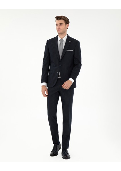 Erkek Lacivert Ex. Slim Fit Çizgili Takım Elbise 50304215-VR033
