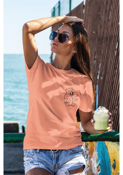 T-Shirt,Sylvester Jr Tasarım Baskılı,Regular, Pamuk,Somon T-Shirt No:549