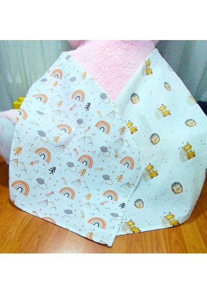 2 Adet (Gökkuşağı ve Kirpi Desenli) 80X75 cm Müslin Örtü + 1 Adet Müslin Ağız Mendili Pamuk