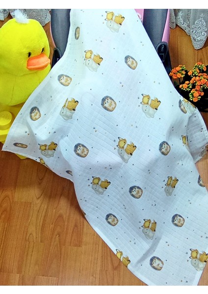 2 Adet (Gökkuşağı ve Kirpi Desenli) 80X75 cm Müslin Örtü + 1 Adet Müslin Ağız Mendili Pamuk