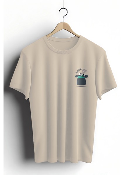 T-Shirt,Sihirbaz Tavşan Tasarım Baskılı,Oversize, Pamuk,Krem T-Shirt No:555