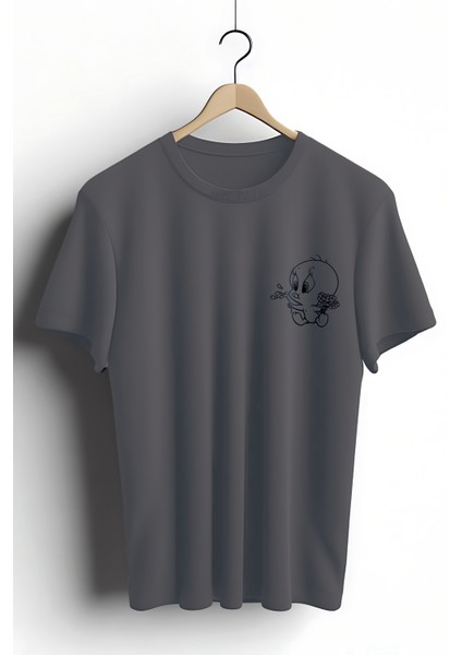 T-Shirt,Tweety Tasarım Baskılı,Regular, Pamuk,Antrasit T-Shirt No:552