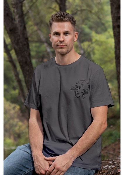 T-Shirt,Tweety Tasarım Baskılı,Regular, Pamuk,Antrasit T-Shirt No:552