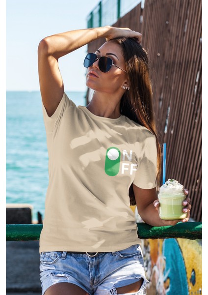 T-Shirt,On-Off Tasarım Baskılı,Regular, Pamuk,Krem T-Shirt No:557