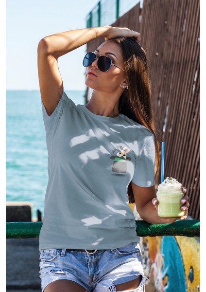 T-Shirt,Sihirbaz Tavşan Tasarım Baskılı,Oversize, Pamuk,Mavi T-Shirt No:555