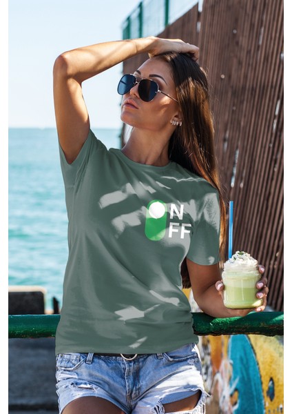 T-Shirt,On-Off Tasarım Baskılı,Regular, Pamuk,Yeşil T-Shirt No:557