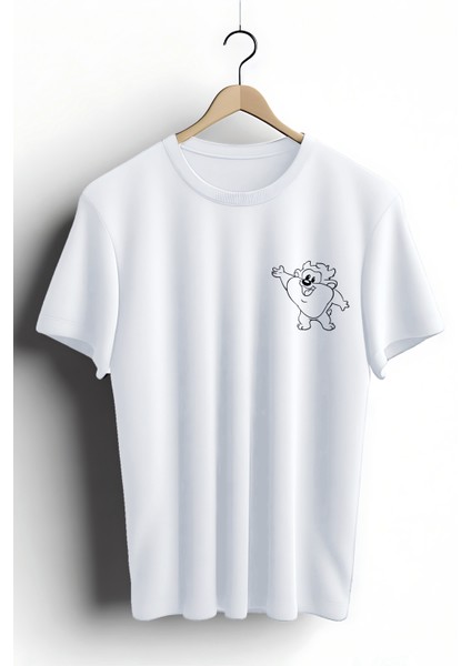 T-Shirt,Tazmanya Canavarı Tasarım Baskılı,Regular, Pamuk,Beyaz T-Shirt No:546