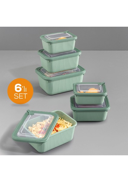 6'lı Vip Dikdörtgen Mikrodalga ve Difrize Uygun Saklama Kabı Seti Yeşil 2X(1750,1050,600 Ml)