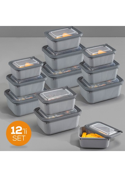 12'li Vip Dikdörtgen Mikrodalga ve Difrize Uygun Saklama Kabı Seti Antrasit 4X(1750,1050,600 Ml)