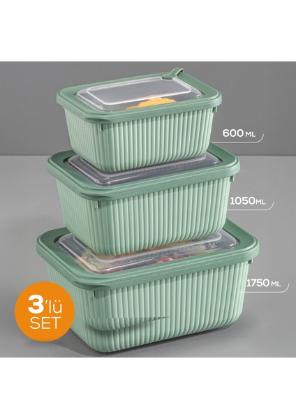 3'lü Vip Dikdörtgen Mikrodalga ve Difrize Uygun Saklama Kabı Seti Yeşil 1X(1750,1050,600 Ml)