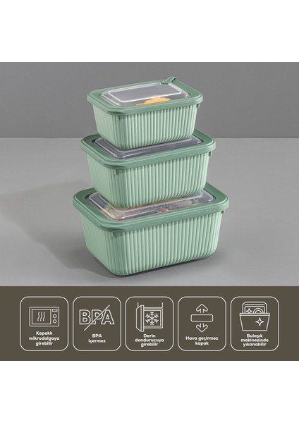 3'lü Vip Dikdörtgen Mikrodalga ve Difrize Uygun Saklama Kabı Seti Yeşil 1X(1750,1050,600 Ml)