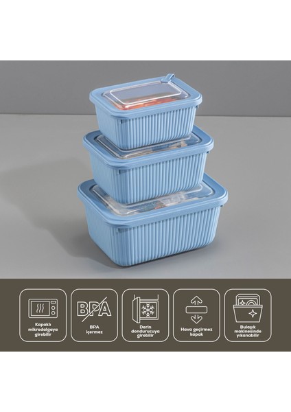 6'lı Vip Dikdörtgen Mikrodalga ve Difrize Uygun Saklama Kabı Seti Mavi 2X(1750,1050,600 Ml)