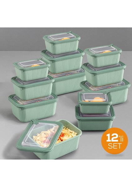 12'li Vip Dikdörtgen Mikrodalga ve Difrize Uygun Saklama Kabı Seti Yeşil 4X(1750,1050,600 Ml)