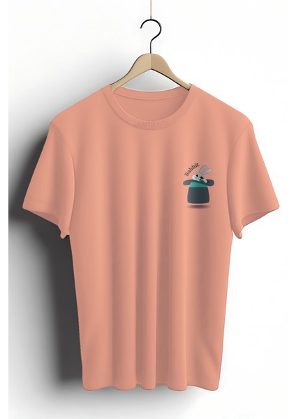 T-Shirt,Sihirbaz Tavşan Tasarım Baskılı,Oversize, Pamuk,Somon T-Shirt No:555