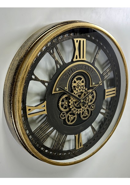 Congara Ahşap Oyma Roma Rakamlı Çarklı Duvar Saati Gold