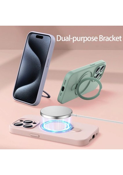 Apple iPhone 15 Uyumlu Magsafe Halka Standlı Kamera Koruma Çıkıntılı Içi Kadife Kılıf
