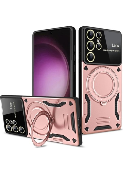 Samsun Galaxy S24 Ultra Uyumlu Kamera Korumalı Dönebilen Magsafe Halka Standlı Tank Kılıf