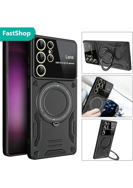 Samsun Galaxy S24 Ultra Uyumlu Kamera Korumalı Dönebilen Magsafe Halka Standlı Tank Kılıf