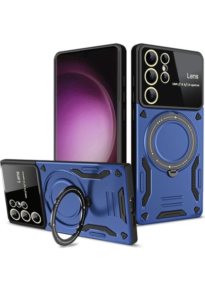 Samsun Galaxy S24 Ultra Uyumlu Kamera Korumalı Dönebilen Magsafe Halka Standlı Tank Kılıf