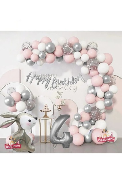 Gümüş Pembe Lüks 4 Yaş Tavşan Folyo Doğum Günü Süsü Doğum Günü Parti Balon Zincir Set