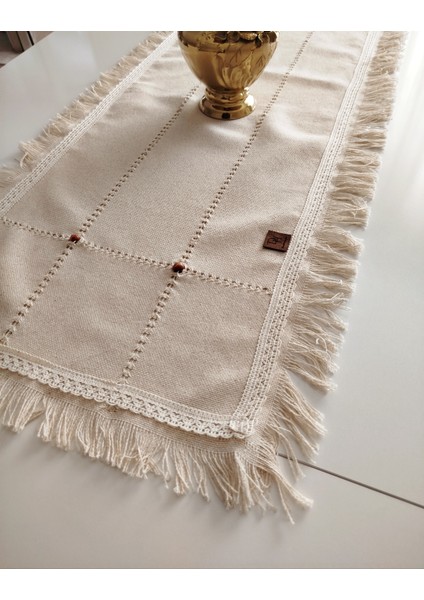 Buldan Cendere Bezi Dantelli Kahve Boncuklu El Işi Antika Sacaklı 50 x 100 cm Runner