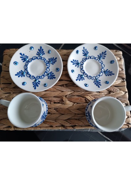 Nazar Boncuk Desenli El Işlemeli Kahve Fincanı 2'li