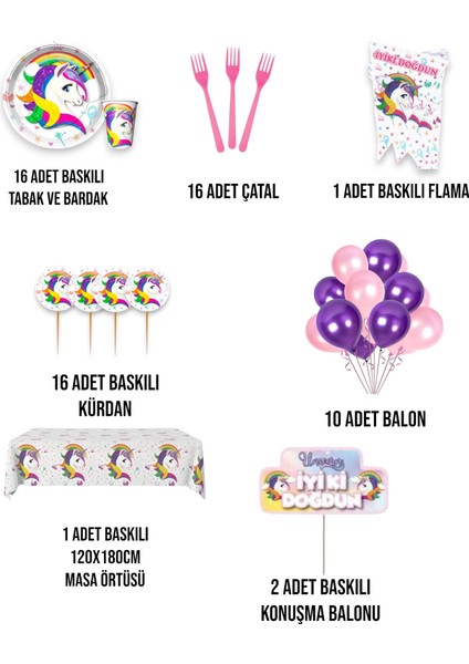 Unicorn 16 Kişilik Konuşma Balonlu Doğum Günü Parti Malzemeleri Seti