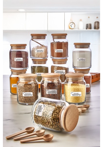 Etiketli 6'lı Bambu Kapaklı Kaşıklı Lüks Baharatlık Takımı 300 ml