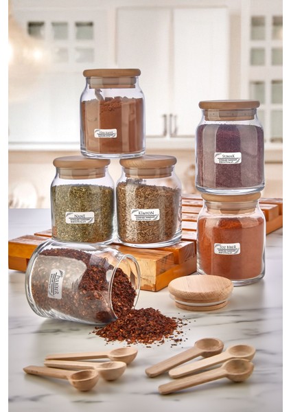 Etiketli 6'lı Bambu Kapaklı Kaşıklı Lüks Baharatlık Takımı 300 ml