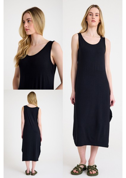 Askılı ve Dökümlü Rahat Kalıp Viskon Elbise