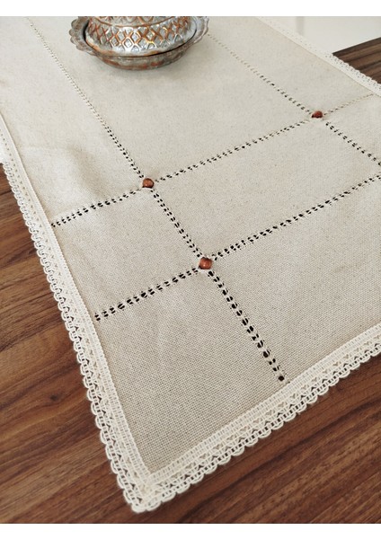 Buldan Cendere Bezi Dantelli Kahve Boncuklu El Işi Antika Sacaklı 45 x 100 cm Runner
