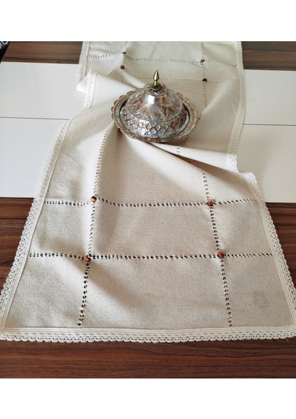 Buldan Cendere Bezi Dantelli Kahve Boncuklu El Işi Antika Sacaklı 45 x 100 cm Runner modelleri