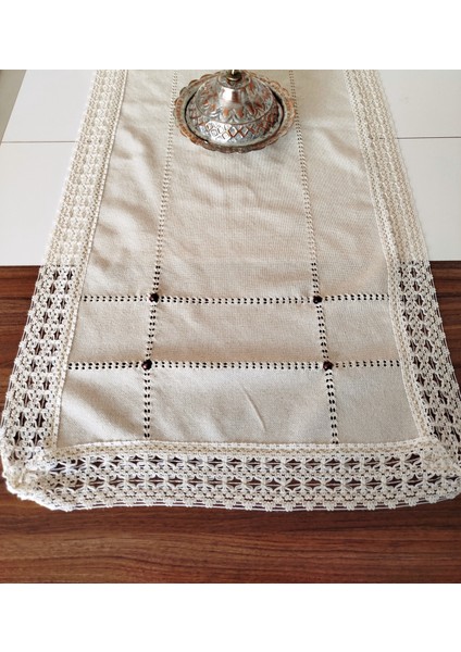 Buldan Cendere Bezi Dantelli Kahve Boncuklu El Işi Antika Sacaklı 45 x 100 cm Runner