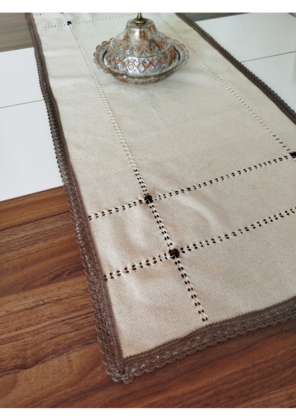 Buldan Cendere Bezi Dantelli Kahve Boncuklu El Işi Antika Sacaklı 45 x 100 cm Runner indirimleri