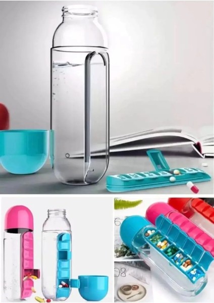 Pillbox Su Mataralı Ilaç Kutusu 600ML Kapasiteli Haftalık Hap Bölmeli Suluk 1 Adet