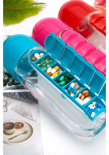 Pillbox Su Mataralı Ilaç Kutusu 600ML Kapasiteli Haftalık Hap Bölmeli Suluk 1 Adet