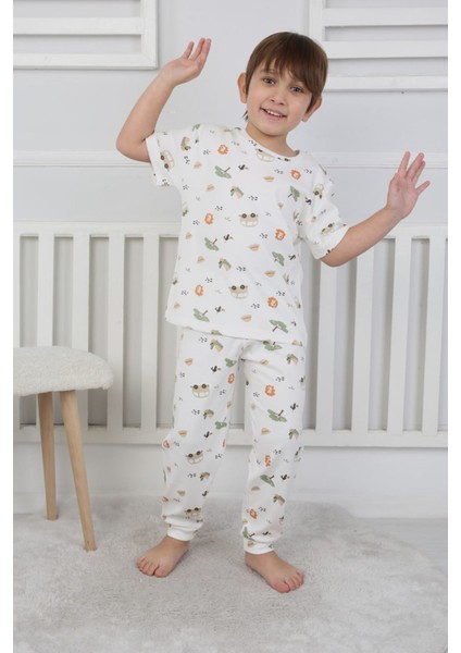 Isob Ekru Arslan Desenli %100 Pamuk Erkek Çocuk Kısa Kollu Pijama Takımı 3-8 Yaş 41314-E